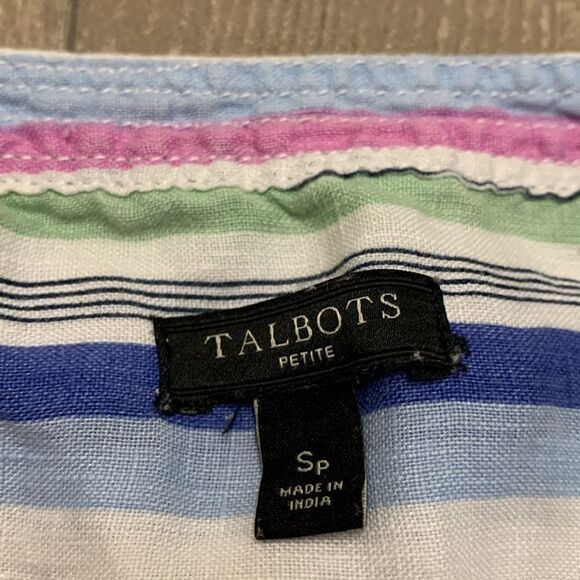 Womens Talbots‎ 100% Linen Half Button V-Neck Striped Roll Up Sleeve Top Shirt - Picture 3 of 6